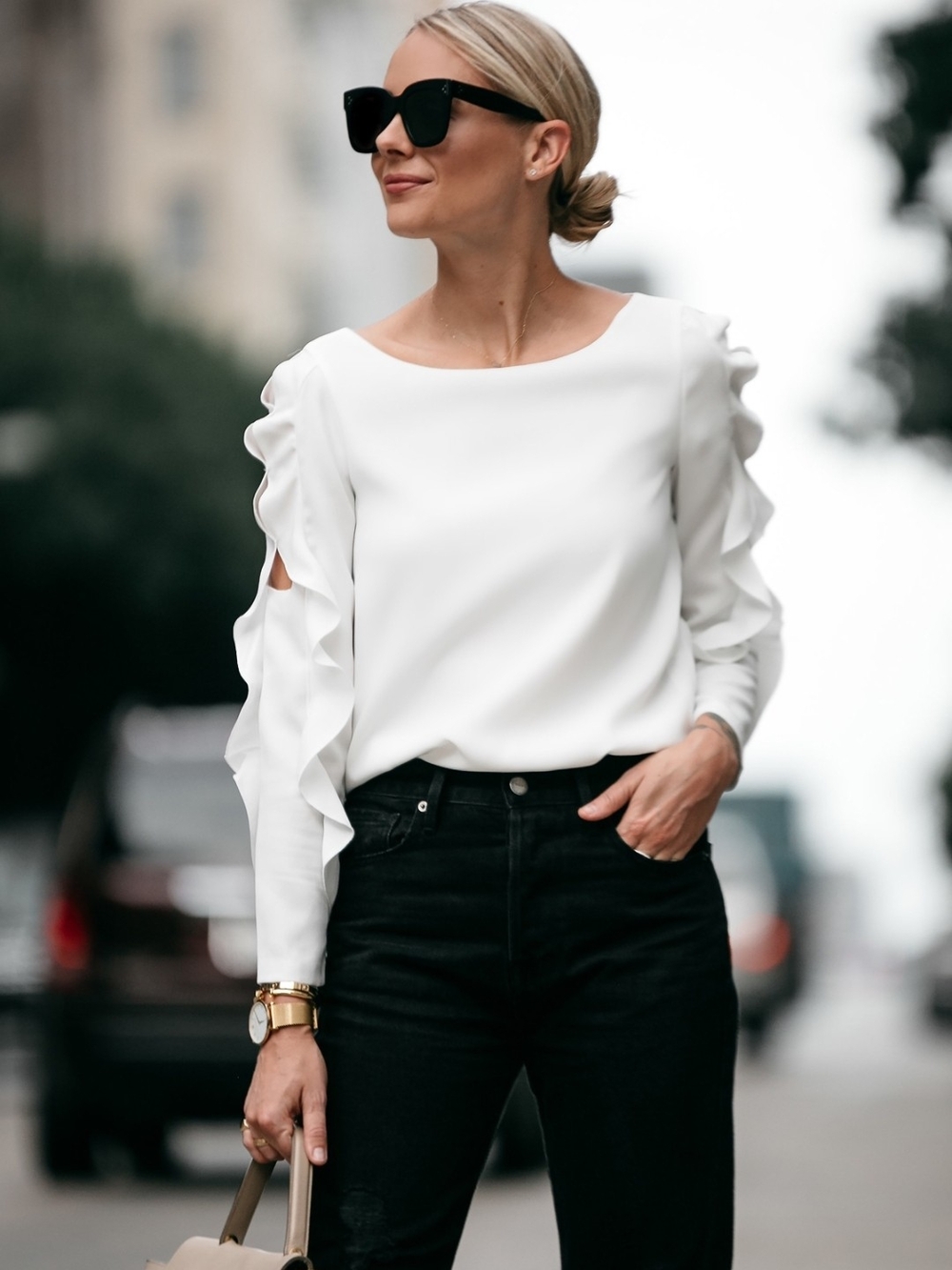 Club Monaco White Ruffle-Sleeve Blouse